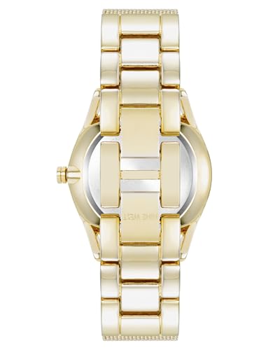 Image of Nine West Women's Analog Watch, Gold-Tone Mesh Bracelet, Limited Movement, Mineral Crystal Lens, Black Glossy Dial, Water Resistant