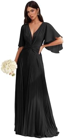 Chiffon Formal Dresses for Bridesmaid Flutter Sleeves Pleated V-N...
