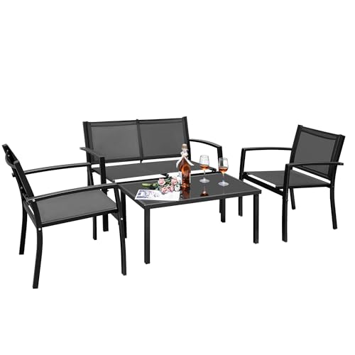 Greesum 4 Pieces Outdoor Furniture Set All Weather Patio Conversation Set with Porch Loveseat, Garden Bistro Chairs with Glass Coffee Table for Garden Backyard Poolside Textile Modern, Black