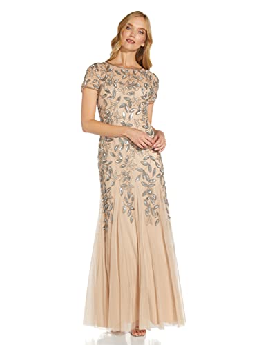 Adrianna Papell Women's Floral Beaded Godet Gown, Taupe/Pink, 8 #TOP2