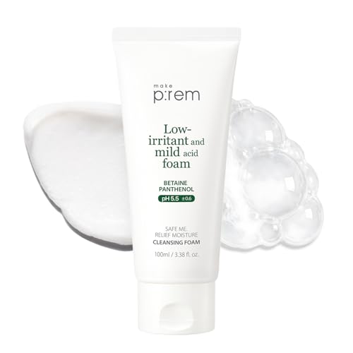 MAKE P:REM Safe Me. Relief Moisture Cleansing Foam, Delicate Eye-Friendly Face Wash for Sensitive Skin, pH Balanced Deep Pore Cleansing, Korean Skin Care, 3.38 Fl Oz, 100ml