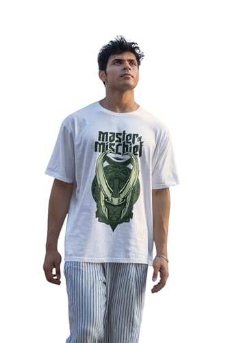 Image of SYOM Men's Oversized Graphic T-Shirt - Half Sleeve, Round Neck, Cotton-Blend Drop Shoulder Tee with inchLoki inch Logo & inchMaster Mischief inch Print