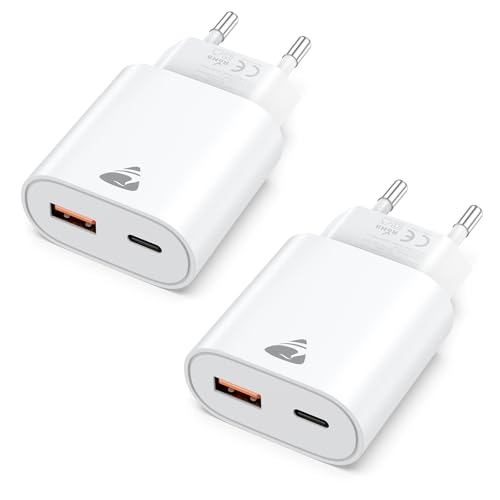 Aioneus Cargador USB C, 2pack 20W Cargador iPhone Carga Rapida PD 3.0, Enchufe USB 2 Puertos (USB C y USB A), Múltiple Adaptador Cargador Tipo C para iPhone 17 16 15 14 Pro MAX, Samsung S26 S25 S24