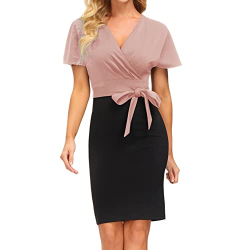 Vestido Recto Vintage Mujer Elegante Ajustado Manga Corta Manga Corta Vestido cóctel Rosa S