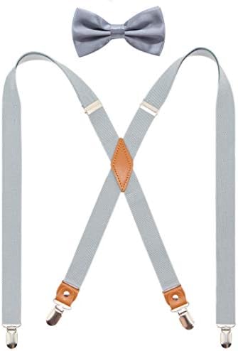 TimiotMens Suspender and Bowtie Set X Back Heavy Duty Adjustable Elastic Clips