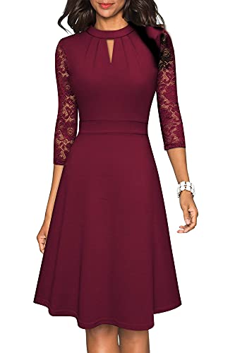 Onsoyours Damen Kleider Knielang Spitzenkleid Elegant Vintage Retro Rockabilly Kleid Cocktailkleid V Ausschnitt Abendkleider Partykleid A Weinrot XS