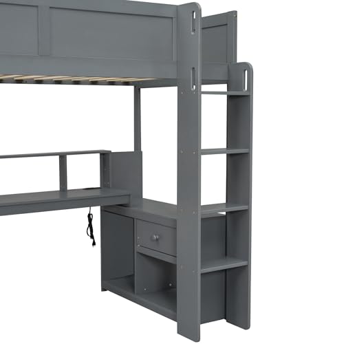 Image of Twin Size Gaming Loft Bed with Desk & Storage Drawers & Shelves & Charging Station & LED,Wood Loft Bed Frame with Cabinets,Bookshelf,Safety Guardrail and Ladder for Gamers Kids Teens Aldults,Dark Gray