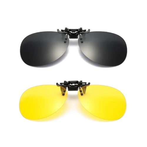 SDXCJY Set di 2 occhiali da sole con clip, polarizzati, UV400, rotondi, occhiali da sole e per la guida notturna, con lenti anti-riflesso, visione HD, per uomini e donne, Nero, giallo., Taglia unica