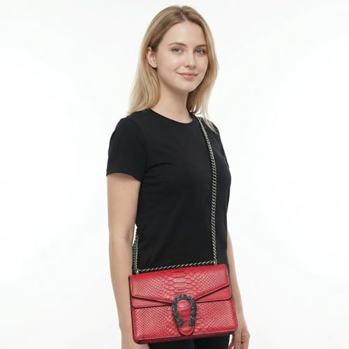 Image of Crossbody Shoulder Square Purse For Women - Fashion Embossed Snake-Print Leather Handbag Metal Chain satchel Tote Bag