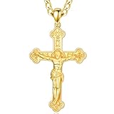 Vyrniss Collar de cruz de oro de 18 quilates para hombre, cadena con colgante de crucifijo de oro de 18 quilates, collar de cruz de Jesús, joyería religiosa, regalo cristiano, Base, Sin piedra