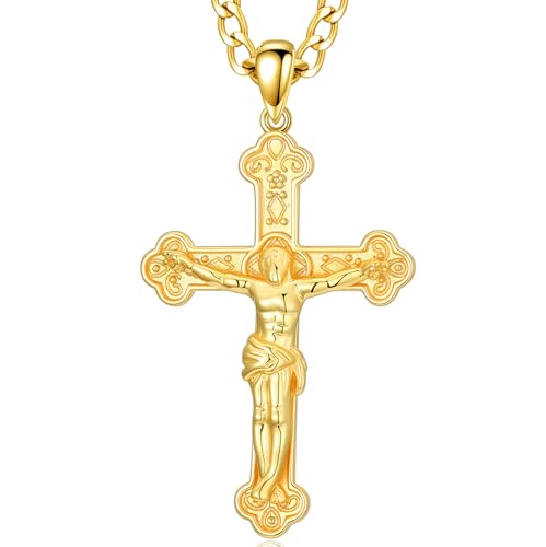 18K Gold Cross Necklace for Men 18K Gold Crucifix Pendant Chain Jesus Cross Necklace Religious Jewelry Christian Gift