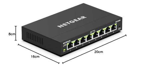 NETGEAR GS308E Managed Switch 8 Port Gigabit Ethernet LAN Switch Plus (Plug-and-Play Netzwerk Switch Managed, IGMP Snooping, QoS, VLAN, lüfterlos, Robustes Metallgehäuse) Schwarz