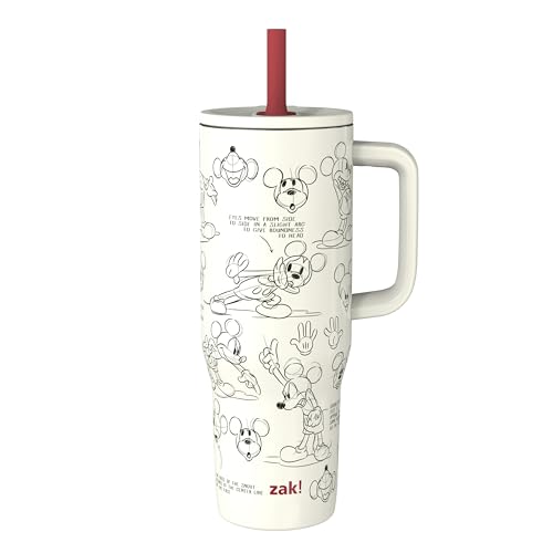 Zak Designs Disney Sutton Travel Tumbler for On the Go, 30oz Stainless Steel with Vacuum Insulation, Silicone Straw, and Carry Handle for Cold Drinks (Mickey Mouse Sketch)