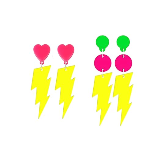 80s Neon Earrings Hollow Lightning Bolt Halloween Punk Retro Earrings for Women 80's Party Accessories (2 pairs lightning-Yellow)