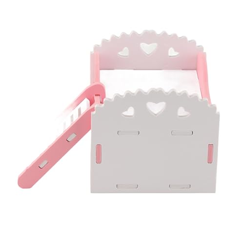 Guinea Pig House Wooden Castle with Stairs, 2-Tier Hideout for Hamsters Chinchillas and Small Pets, Wood-Plastic Composite, Pink - Image 3