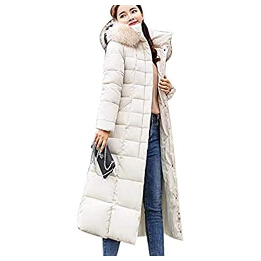 SKYWPOJU Vinterjacka dam vinterkappa lång dam vinter varm quiltad kappa parkas med huva slim fit blixtlås dunjacka damrock tjock utomhusjacka (Color : White, Size : L)