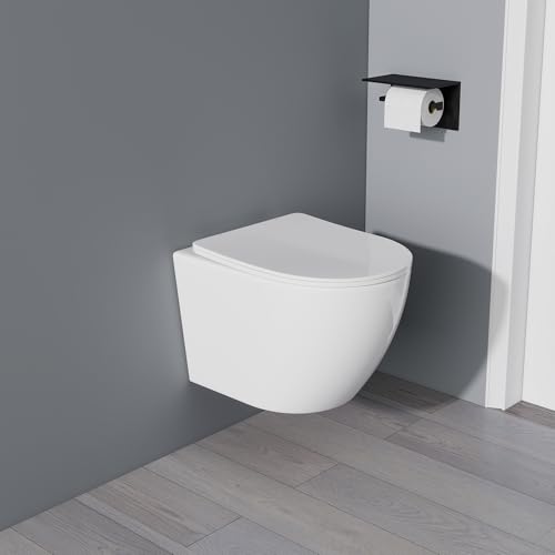 Yishang Hänge WC Spülrandlos Toilette - 360 Einloch Superspin Spülung Wand WC Toilettenbecken Toilettenspülung Geräuscharm Kloschüssel und WC Sitz mit Absenkautomatik Weiß 48 5 cm