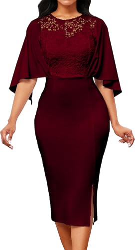Image of Lace Dresses for Women Wedding Guest Elegant Long Sleeve Cocktail Business Knee Length Pencil Dress