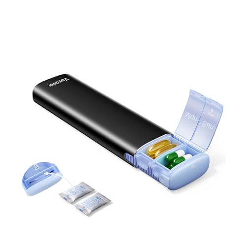 Image of Vaydeer Metal Travel Pill Organizer - Compact Weekly Pill Box for Daily Medication - Portable Small Pill Case for Vitamins, Pills & Supplements (Black)