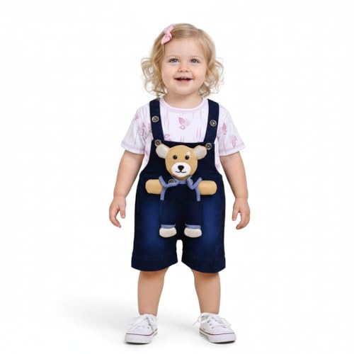 Image of A.T.U.N. (ALL THINGS UBER NICE) Baby Girls Cotton Denim Dungaree Set with 3D Teddy Bear Design |Printed T-Shirt with Adjustable Straps | Stylish & Comfortable Daily Outfit for Baby Unisex