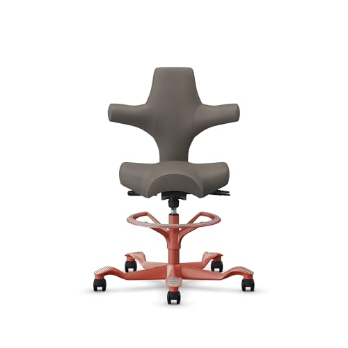 Image of HAG Capisco Sit to Stand Chair-Blush Rose Frame-Upholstered Dark Gray-with Foot Ring