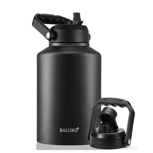 EALGRO Gallon Insulated Water Bottle Jug with Straw, 128 oz Large Stainless Steel Sports Metal Water Canteen With Handle, Thermo Water Cup Mug with 2 Lids, Black