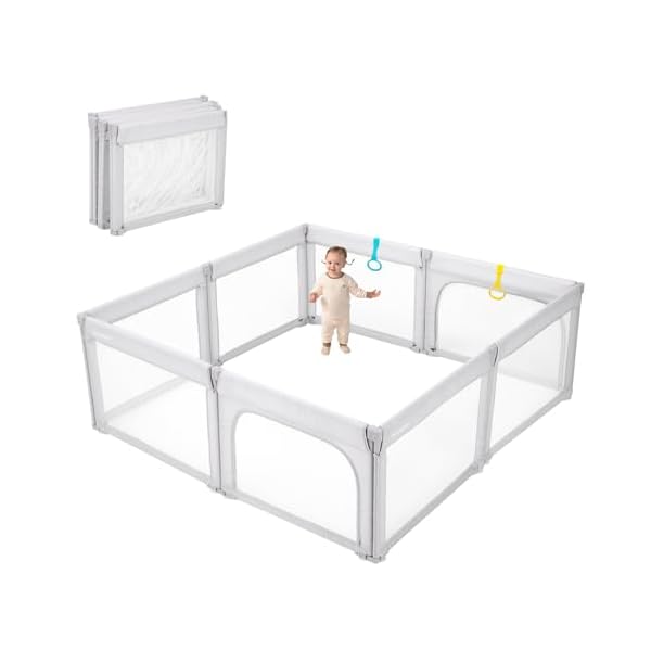 Baby playpen for toddlers foldable playpen safe anti fall play yard visible mesh play pen with zipper gate baby fence play area with pull up rings adjustable baby play yards grey 71×59  urban country home decor