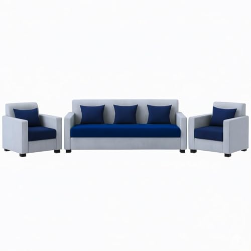 Image of FURNY Lexon 5 Seater Fabric 3+1+1 Sofa Set (Dark Blue-Light Grey) Premium Velvet Finish | Durable & Comfortable | Ideal for Living Room