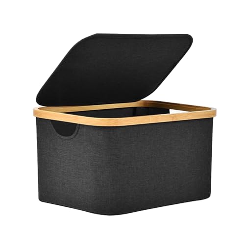 HOME GOODS Caja Almacenaje Plegable con Tapa, Caja Almacenaje de Tela,Cesta Organizadora Plegable,Almacenamiento Decorativo, Marco de Bambú, Cesta con Asas,Rectangular (38 * 26 * 20)