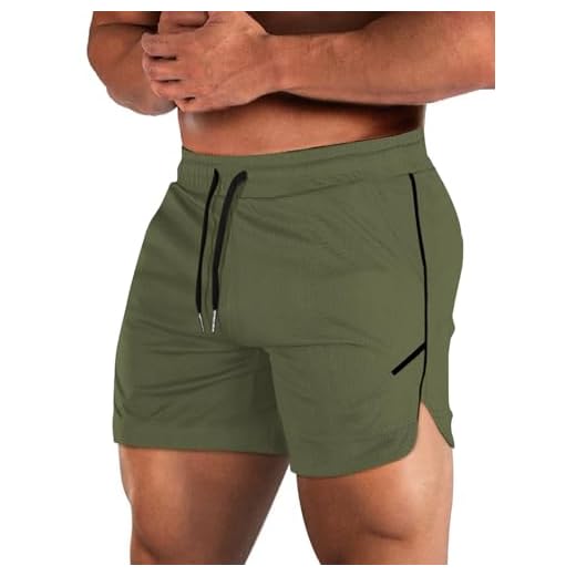 Aolesy Short masculino de treino com bolso com zíper de 12,7 cm, leve, para academia, corrida, sem forro, para musculação, shorts atléticos, Verde oliva, M