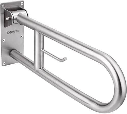 23.6 INCH Stainless Toilet Safety Rails, WochiTV Handicap Grab Bars for Elderly, Disabled Flip-Up Bathroom Grab Bar with Paper Holder,Toilet Handrails Hand Grips Handle Shower Assist Aid