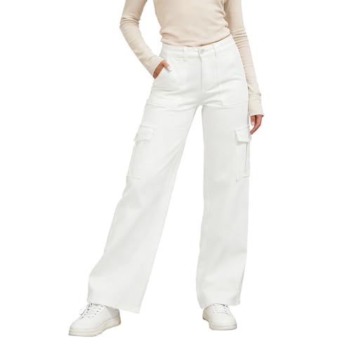 DLAYBGFA Womens Cargo Jeans Casual Baggy Cargo Jean Elastic High Waisted Stretch Wide Leg Denim Pants Streetwear(White M)