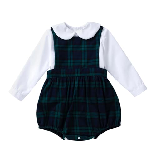 Générique 2026 Ensemble élégant pour fillettes chemise longue manches unie barboteuse carreaux sans manches deux pièces enfants (Dark Green, 24-36 Months)
