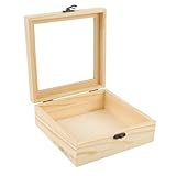 ASUNFO Unfinished Wooden Box with Glass Top Hinged Lid Small Wood Jewelry Organizer Storage Gift Box for DIY Craft 7.1'x7.1'x2.77'