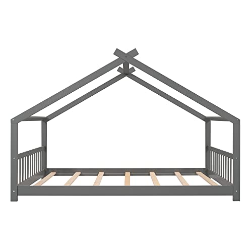 Merax Full Size Wooden House Bed With Roof, Gray #TOP4