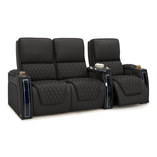 Image of Seatcraft Apex Black Italian Leather Home Theater Seating, Zero Gravity Power Recliner Chair, Powered Headrest and Lumbar Gaming and Lounge Sofa Furniture for Cinema Room, Row of 3 Left Loveseats