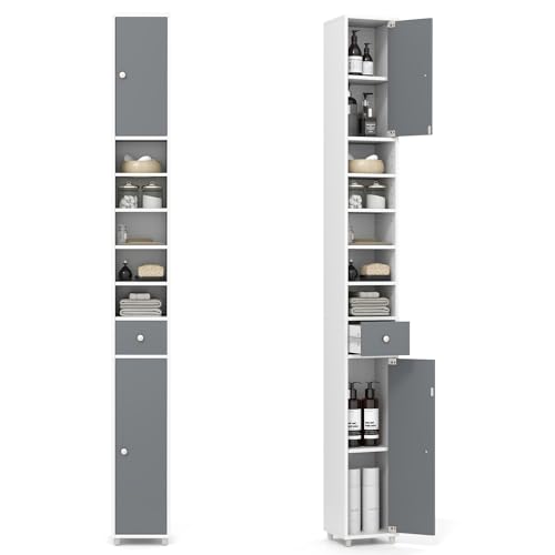 COSTWAY Badschrank Hochschrank schmal, Badezimmerschrank mit 2 Türen, 1 Schublade und verstellbaren Regalen, platzsparender Badregal für Badezimmer, Wohnzimmer, Küche, 20 x 20 x 180 cm (Weiß + Grau)