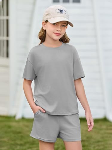 Image of Haloumoning Girls Summer 2 Piece Outfits Kids Oversized T Shirts and Shorts Clothing Sets 5-14 Years