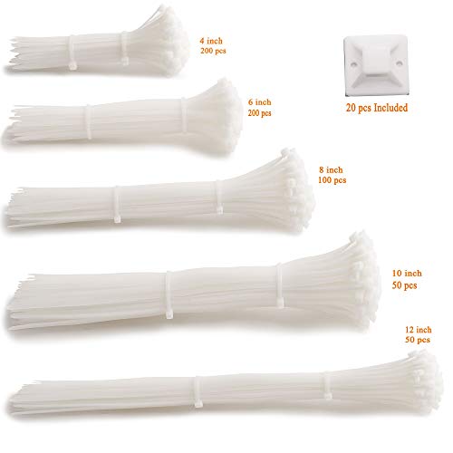 600pcs white Standard Self-Locking Nylon Cable Zip Ties Assorted Sizes 4/6/8/10/12 Inch