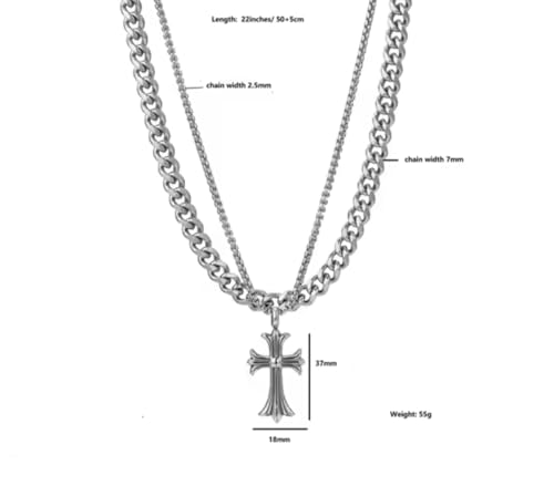 Chrome, Y2k, Necklace 304 Men's Silver Opium Stainless Steel Cross Layered Cuban Link Chain Necklace4