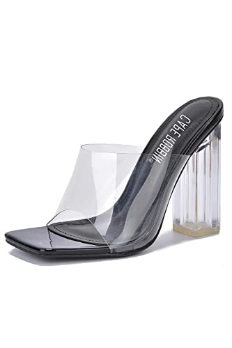 Cape Robbin Edna Clear Chunky Block High Heels for Women, Transparent Open Toe Mules Shoes Heels for Women