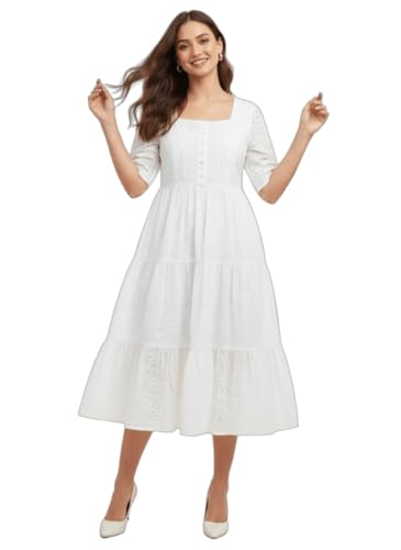 Image of Her Couture Cotton Midi Schiffli Embroidered Dress with Attached Belt