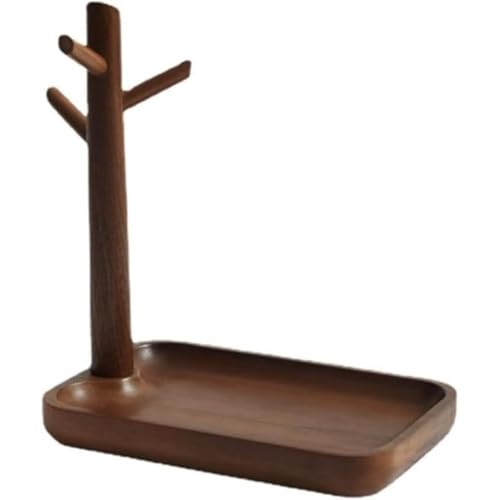 PANJIE 天然木木製収納スタンド|キースタンド・鍵置き・鍵ホルダー兼用|ジュエリートレイ・ジュエリーツリー機能付き|小物置き・おしゃれインテリア|リビングルーム部屋飾り (ウォールナット材,18*12*21cm)