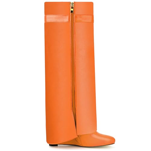 Image of Fold Over Boots for Women Pointy Pull-on Wedge Heel Knee Shark Boot With Side Zipper Padlock Design