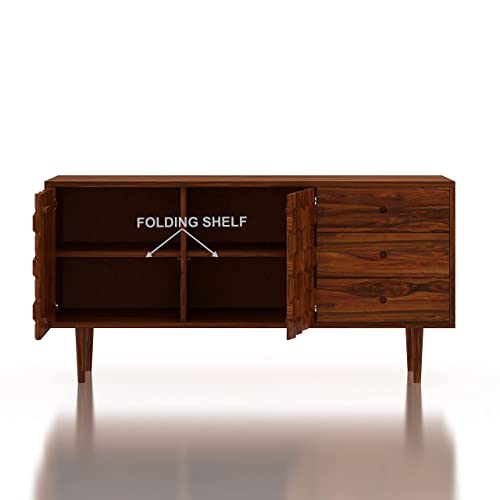 Image of Ganpati Arts Sheesham Wood Sideboard Cabinet with 2 Doors 3 Drawer Storage for Home Kitchen Office Wooden Organizer Bedroom (Natural Finish)