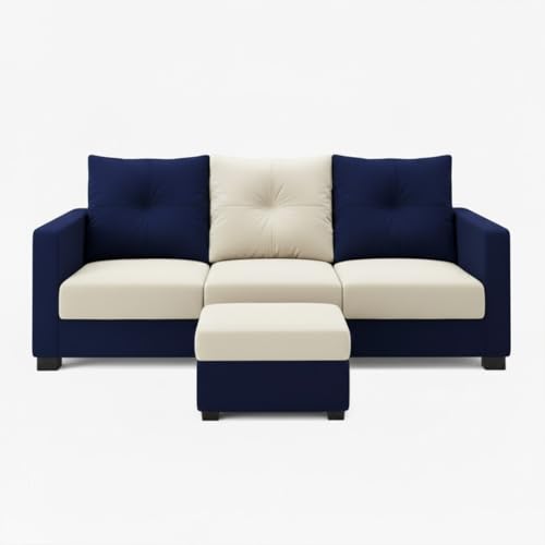Image of FURNY Heritage 3 Seater Fabric Sofa Set with 1 Ottoman (Dark Blue-Cream) with Velvet Finish | Durable Comfort | Ideal for Living Room. | Breathable material