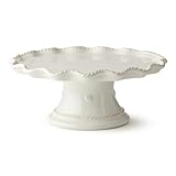 Heritage Scroll Footed Cake Plate – Elegant 11.5' x 4.75' Ivory Stoneware Pedestal Stand with Sculpted Rim – Display Cakes, Cupcakes, Pies & Pastries in Timeless Style