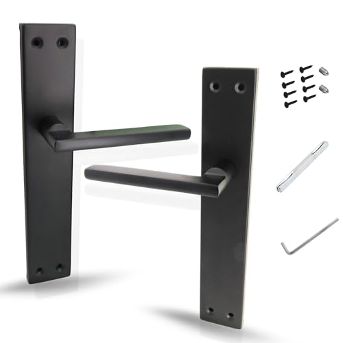 AZERODESIGN- Manillas Puertas Interior- Manetas Puertas Interior Casa- Juego Manillas Puerta Madera- Color Negro- Roseta Cuadrada de 50x50mm, Cuadrillo de 8mm Mango -Manija 120mm Largo (PLACA LARGA)