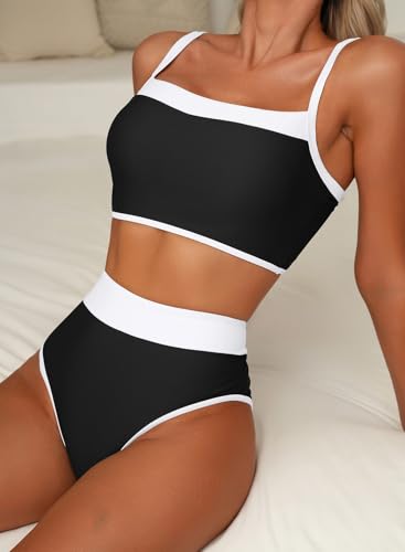 Herseas Women's Two Tone Patchwork Bikini Sets U Neck Swimsuit High Waisted Bathing Suit3