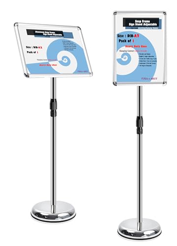 TUKA-i-AKUT A2 Support d'information, Hauteur Réglable, Rotatif, Porte-Affiche Panneau d'affichage, Publicitaires Interchangeables Présentoir sur Pied avec Base Robuste Amélioré, Argent TKD8423-HD